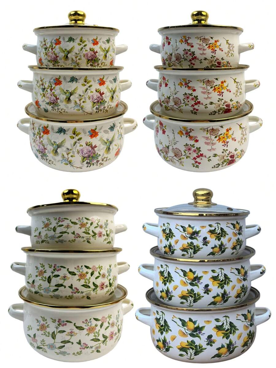 3pcs Multi-Functional Enamel Pot Set, Soup Pot, Stew Pot, Tableware, Multi-Purpose, Easy To Clean Non-Stick, Compatible With Gas, Open Flame, Induction Cooktop, Floral Design Thickened High-Temperature Stew Pot, Cooking Pot, Available In 16cm/18cm/20cm Capacity, Perfect For Halloween Home And Restaurant Use, Outdoor Camping Party Cookware, Suitable For Christmas, All Seasons Home Picnic, Travel And Portable Use - View 1