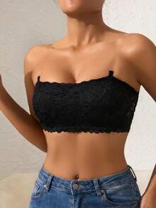 1pc Women's Solid Color Non-Wired Lace Trim Bandeau Bra, Removable Padded With Detachable Transparent Shoulder Straps - Black - View 3