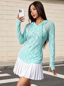 1pc Autumn/Winter Lightweight Mesh Patchwork Design Hooded Long Sleeve Lightweight Sweatshirt Fitness Wear For Outdoor Hiking And Training Sports - Green - View 5