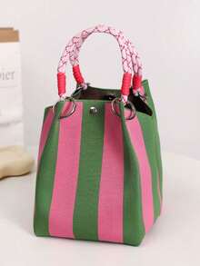 Space-Saving Storage & Organization, Vibrant Color Ergonomic Multi-Function Storage Bag, Durable Knitted Striped Tote Bag, Suitable For Fashion Enthusiasts, Convenient For Daily Use, Can Store Small Items And Desktop Accessories, Multi-Function Storage Bag - Multicolor - View 13