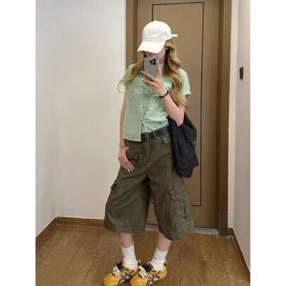 プラスサイズ アメリカン マルチポケット カーゴ七分丈パンツ ユニセックス ストリート ストレート ゆったり 痩せ見え ワイド ミディ丈 レディース メンズ ボトムス