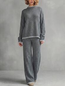 女士全新休闲时尚宽松拼接圆领长袖上衣和裤子套装 - 灰色 - 查看 2
