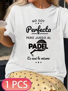 Loose Fit Women Casual T‑Shirt, Funny Padel Racket Spanish Text Graphic Tee, Short Sleeve Basic Top, Summer Daily Ladies Everyday Outfit - White - View 2