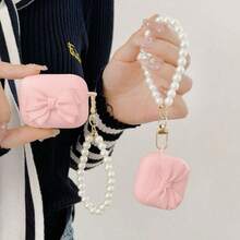 Casing Pelindung Silikon Lembut Bertekstur Buram dengan Pita Merah Muda 3D, Kompatibel dengan Apple untuk AirPods Pro 3/4/Generasi ke-3, untuk Earbud Nirkabel, Hadiah untuk Pacar - Rantai Kupu-kupu Besar Pink + Mutiara - View 3