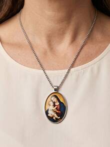 Religious Virgin Mary Pendant Necklace, Stainless Steel Oval Printed Virgin Mary Medal Box Chain, Christian Faith Jewelry, Gift For Women And Girls - Silver - View 11