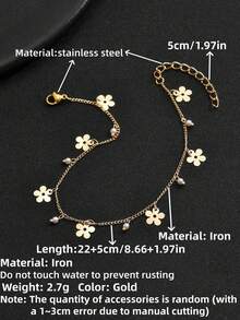 1pc Flower Faux Pearl Pendant Anklet For Women, Suitable For Daily Wear, Beach Vacation Accessory, Party Essential, Random Accessory Quantity (Material Is Iron, Please Avoid Contact With Water To Prevent Rusting) - Yellow Gold - View 7