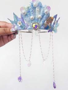1 pieza Diadema con corona de princesa sirena para niñas, accesorio de cabello con cadena de frente para disfraz de actuación - Multicolor - Ver 4