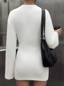 Women's Casual Batwing Sleeve Loose Bust Cinched Waist Bodycon Dress, Suitable For Daily Wear, Autumn/Winter, White - White - View 6