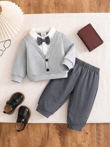 2pcs Baby Boy Autumn College Style 2 In 1 Knit Contrast Color Turn Collar Long Sleeve Sweatshirt Set, Children Fashion Gentleman Style Basic Bow Ribbed Sleeve Top, Elastic Striped Sweatpants Long Pants, Spring Play And Vacation Outfit - Grey - View 1