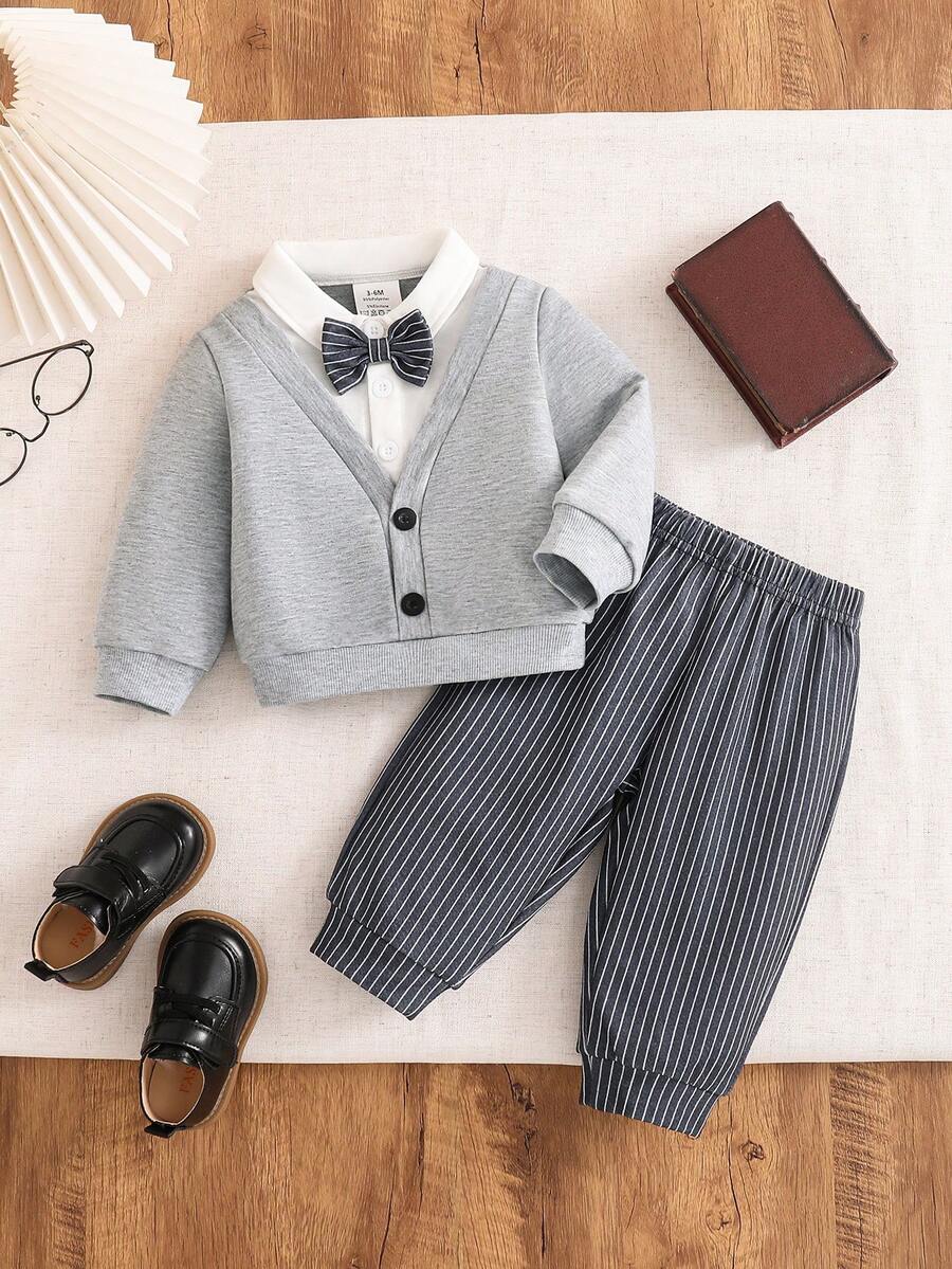 2pcs Baby Boy Autumn College Style 2 In 1 Knit Contrast Color Turn Collar Long Sleeve Sweatshirt Set, Children Fashion Gentleman Style Basic Bow Ribbed Sleeve Top, Elastic Striped Sweatpants Long Pants, Spring Play And Vacation Outfit - Grey - View 1