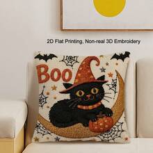 4Pcs 45x45cm Halloween Throw Pillowcase Set, Cartoon Black Cats Spooky Ghost Crow Pumpkin Printed Cushion Cover, 2D Flat Printing, Non-Real 3D Embroidery, Halloween Party Decor, For Sofa Living Room Haunted House Bar Holiday Decor, No Pillow Core - Multicolor - View 10