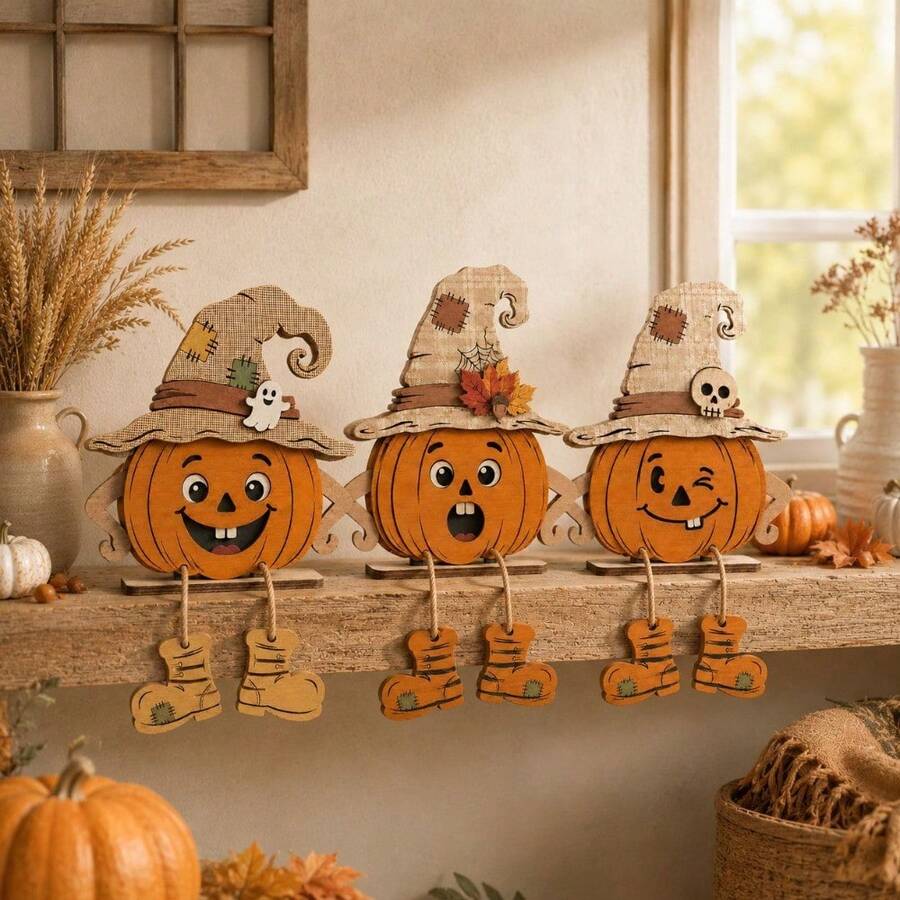 A Three-Piece Halloween Wooden Pumpkin Desktop Decoration Set, Including A Vintage Burlap Witch's Hat, A Hollow-Out Pumpkin, And A Hanging Boot-Shaped Farmhouse Sign - Suitable Fireplace Mantels, Windowsills, Fireplaces, Autumn Party Deco - Three-piece Pumpkin Decoration Set - View 1