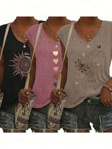 3pcs/Set Women's Fashion Printed V-Neck T-Shirts, Spring/Summer New Loose Casual Base Layer Tops - Suitable For Daily Wear And Home - Rouge Red + Light Brown + Black - View 2