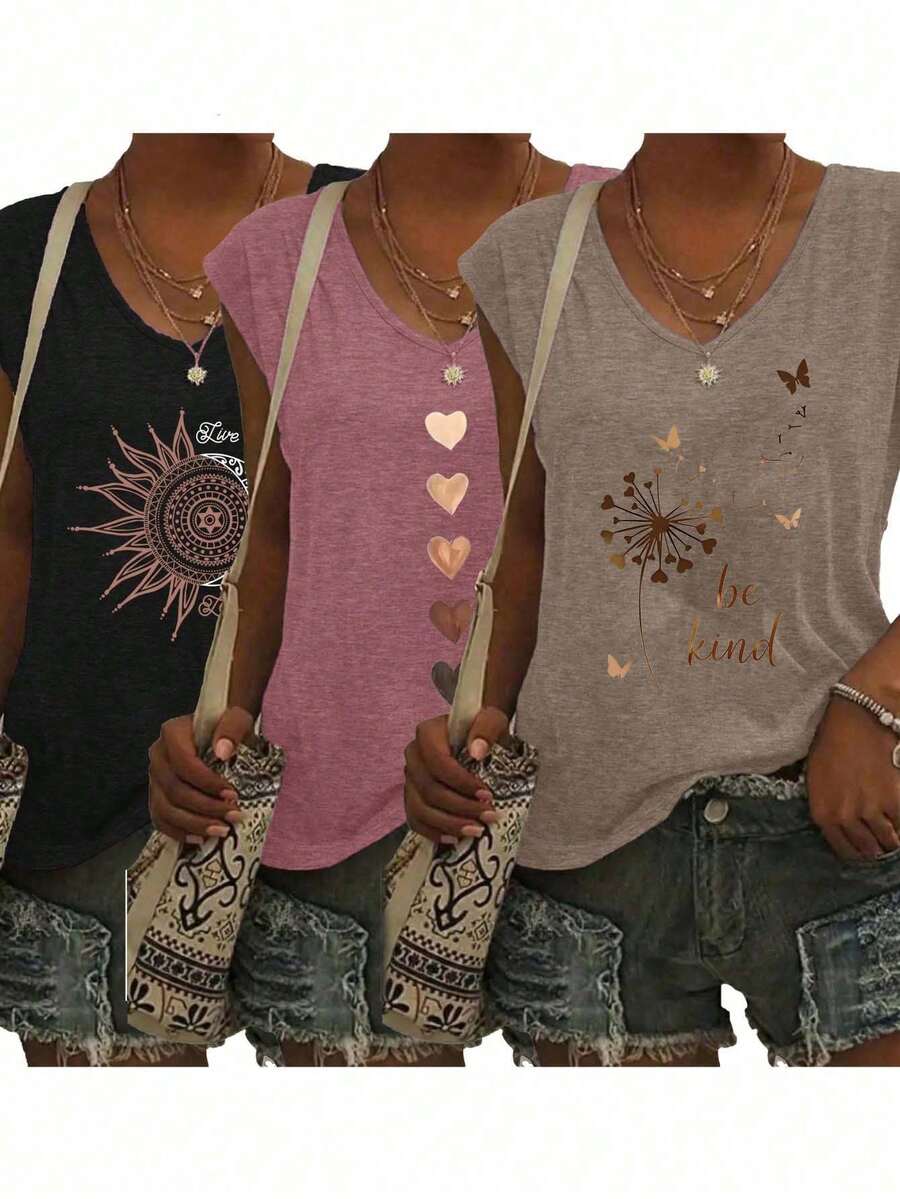 3pcs/Set Women's Fashion Printed V-Neck T-Shirts, Spring/Summer New Loose Casual Base Layer Tops - Suitable For Daily Wear And Home