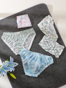 5pcs/Pack - Fresh Floral Heart Mesh Plus Size Women's Triangle Panties With Ruched Waistband And Mini White Bow, Full Coverage, Anti-Chafing, Japanese Pastoral Girly Style, Soft Spring/Summer Vibe, Versatile Underwear - Multicolor - View 3