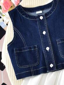 Vihyde Bộ trang phục 2 món cho bé gái tuổi teen thu đông gồm váy cổ đứng tay dài bèo nhiều lớp và áo vest denim sát nách - Rửa tối - Xem 6