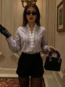Lace Trim Striped Long Sleeve Elegant Top For Date - Multicolor - View 2