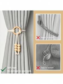 2/4 pièces Embrasses de rideaux en corde de coton naturel, cordes de rideaux décoratives de style bohème, boucles de rideaux élégantes en anneau de bois tressées à la main, universelles pour rideaux de maison et de bureau - Modèle avec pendentif en perles de bois - Voir 7