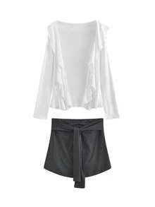 Summer Korean Style 2pcs Set Bandeau Ruched Tie-Up Versatile Short Sleeve T-Shirt Top Elegant Winter - Dark Grey - View 7