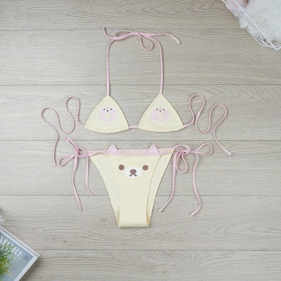 San-X Rilakkuma 寬鬆熊圖案比基尼 2D 動漫綁帶內衣 三點式睡衣家居服 118-C - 彩色 - 查看 1