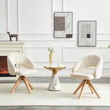 Set Of 2 Lightweight Luxury Swivel Chairs In Retro Style. White Textured Fabric With Solid Wood Legs - White - View 4