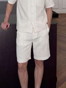 Men's Linen Blend Pleated Bermuda Shorts, Knee Length Straight Leg Matching Co-Ord Shorts - Apricot - View 2