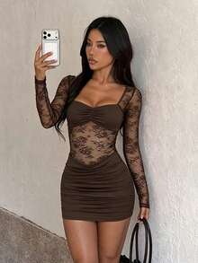 Women's Autumn Brown Lace Long Sleeve Sexy Mini Dress, Party Birthday Holiday Back To School Wedding Style - Brown - View 3