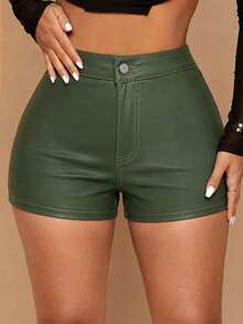 Lightweight Casual Solid Color Coated Shorts, Women's Sexy Street Style Vacation Wear - Army Green - View 3