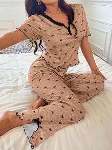 Conjunto de pijama para mujer, top de manga corta con estampado de lazo y ribete de encaje y pantalones largos. Conjunto de pijama de 2 piezas para mujer, ropa de verano. - Mostaza Amarilla - Ver 6