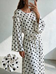 1pc Women's Polka Dot Dress, Wide Sleeves, Self-Tie Waist, Flowy French Style, Casual Commute Dress - Multicolor - View 19