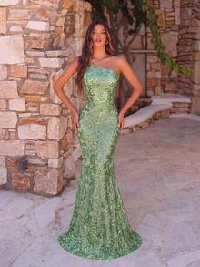 ADYCE Elegant & Charming Sequin Embroidered One-Shoulder High-Waist Backless Floor-Length Evening Gown, Suitable For Wedding Guest, Prom, Homecoming, Date Night, Autumn Birthday - Green - View 6