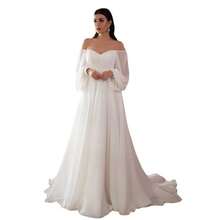 Marvellea Elegant Off Shoulder Puff Long Sleeve Chiffon Maxi Dress A Line Flowy Wedding Bridal Gown Formal Party Evening Gown - White - View 8