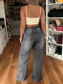 Light Wash Distressed High Waist Full Length Wide Leg Frayed Hem Women's Jeans, Casual Autumn Style - Grey - View 4