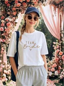 Women's Summer Y2K-Style Short-Sleeved T-Shirt, Decorated With Gold Letters And Small Heart Patterns. - White - View 3