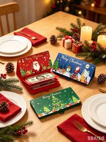 1個10格聖誕現金與禮品卡收納盒，聖誕老人雪花樹圖案與Merry Christmas文字，紅色，可收納現金與禮品卡，適合聖誕節、生日、節日金錢禮品袋，派對活動與聖誕襪填充禮物 - 多色 - 查看 2