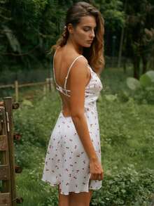 Women Cherry Print Satin Nightgown Lace Trim Deep V‑Neck Self-Tie Front Cutout Backless Slip Sleep Dress Side Slit Sexy Loungewear Chemise Nightdress - White - View 1