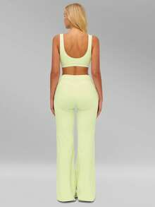 MFVIM Women's Sports Suit, Two-Piece Set With Color-Blocked Lines, Sports Bra And Flared Pants, High-Waisted, High-Elasticity, Quick-Drying Yoga Set - Olive Green - View 8