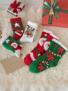 7/5/1 Pair Women's Christmas Coral Fleece Mid-Calf Socks, Super Soft Thickened Warm Plush Home Sleep Floor Socks, Santa Claus Reindeer Christmas Tree Gingerbread Man Print, Red Green Holiday Home Gift Socks For Girls Students - Multicolor - View 4