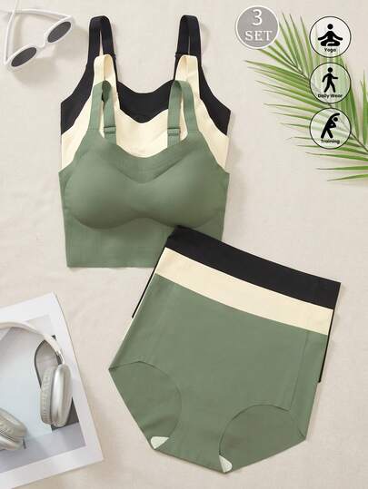 3 Pieces Set Of European And American Women's Ice Silk Adjustable Strap Sports Bra With Ice Silk Triangle Underwear