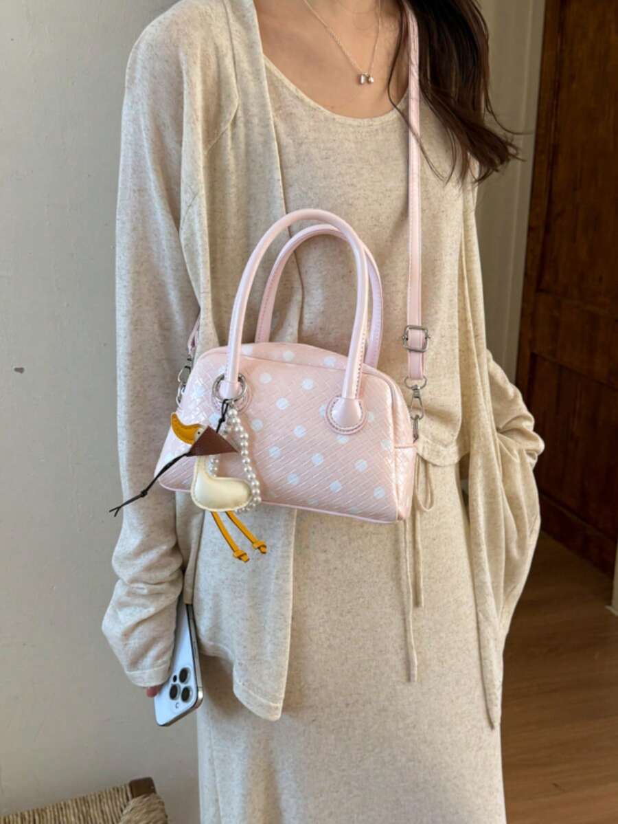 女款時尚波點保齡球包，新款手提包，休閒百搭單肩斜挎包，附珠飾裝飾，手機包零錢袋