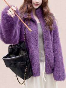 Women's Autumn/Winter Casual Minimalist Loose Slimming Fuzzy Zip-Up Knit Cardigan Sweater Jacket Fall - Purple - View 4