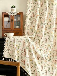 1pc Floral Print With Broom Tassel Trim Linen Material Modern Linen Gauze Curtain - Japanese Linen Style, Rod Pocket Design, Suitable For Living Room And Bedroom - Transparent And Light Filtering Curtain, Living Room Curtain, Bedroom Curtain (Tie Backs Not Included) - Multicolor - View 2