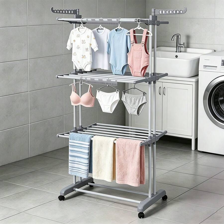 Three-Tier Clothes Drying Rack With Two Bars (Including 3 Sock Clips) – Freestanding Clothes Drying Rack – Suitable For Indoor And Outdoor Use – Foldable And Extendable – Waterproof And Rustproof – Made Of Carbon Steel