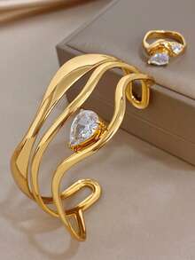 Set/1 Pieza Conjunto de Joyas con Brazalete y Anillo de Línea Asimétrica de Circonita y Acero Inoxidable, Para Mujeres, Fiesta, Diario, Navidad, Regalos de Boda de San Valentín/Y2K - Multicolor - Ver 2