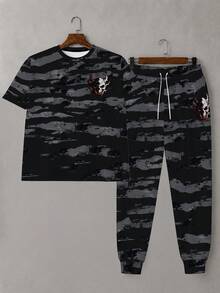 Plus Size Men's 2 Pieces Set, Men's Long Pants, Graphic T-Shirt, Streetwear Series "Camouflage Base Flame Demon Skull Print" Pattern Outfit - Polyester Fabric, Drawstring, Pockets, Suitable For Plus Size Body - Black - View 3