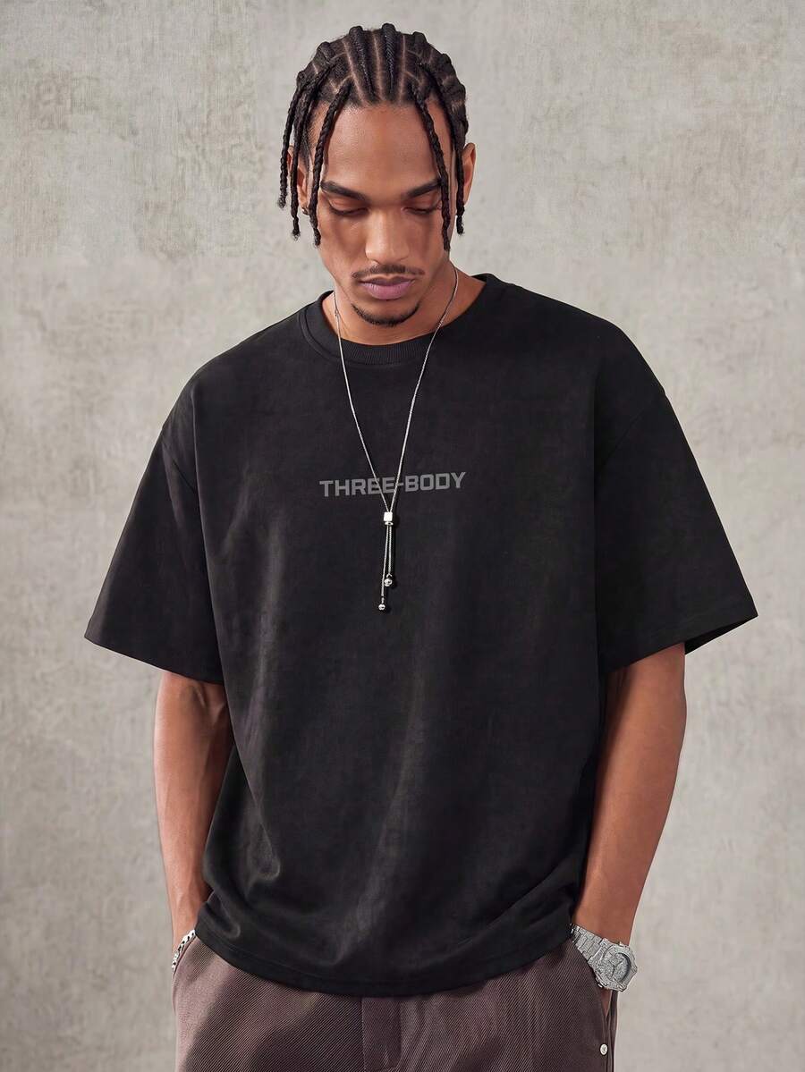 MAISONFOX Men's Summer Letter Print Retro Loose Short Sleeve Round Neck Casual T-Shirt, Suitable For Daily Commute, Boyfriend Gift - Black - View 1