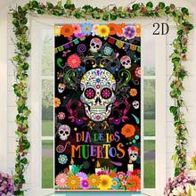 1 Peça Cortina de Porta Estilo Mexicano com Caveira de Açúcar e Padrões Florais para Decoração de Festa do Dia dos Mortos, Feita de Material de Poliéster, Adequada para Decorações de Festa de Halloween, Decorações de Varanda, Etc. - A - Visão 6