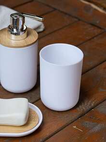 Haus Hana 4 pièces/set Distributeur de lotion et porte-savon et gobelet de gargarisme, set de distributeur de lotion en plastique moderne pour la salle de bain, décoration de maison, décoration d'automne, retour à l'école - Blanc - Voir 2