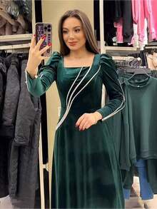 Formal Dresses For Women Old Money Velvet Maxi Dress, Square Neck Puff Sleeve Rhinestone Trim Formal Evening Gown - Dark Green - View 2