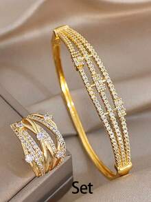 Set/1Pc Elegant Multi Parallel Row Inlaid Zirconia Bangle Bracelet Ring Gold Jewelry Set,For Women,Party,Daily,Christmas,Boho, Valentine Birthday Gifts - Multicolor - View 10